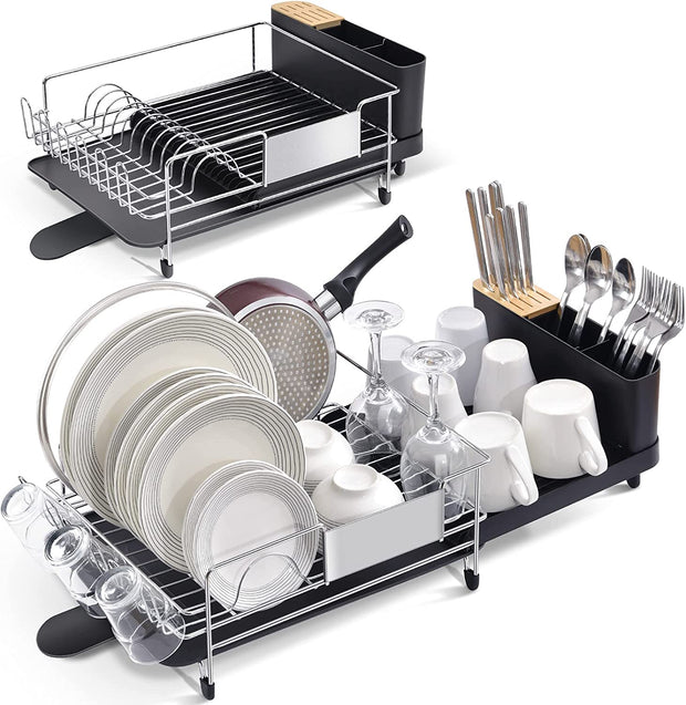 Aluminum Dish Drainer, Large Capacity Dish Rack with Removable Drip Tray, Utensil Holder, Draining Board, Dish Drainer Rack for Kitchen Countertop, Black
