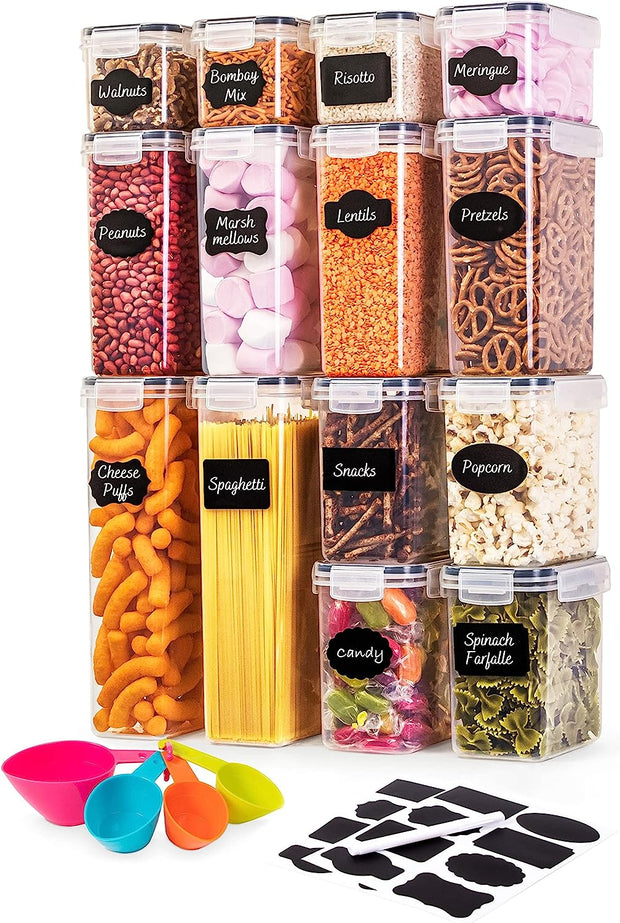 Airtight Food Storage Containers Set – 36Pcs Kitchen & Pantry Organiser – Plastic Cereal Storage Containers – Food Dispenser Set with Lids – Organisation Jars with Spoons, Marker & Labels