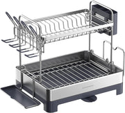 Dish Drying Rack, 2-Tier Dish Rack for Kitchen Counter with Rotatable and Extendable Drain Spout, Dish Drainer with Utensil, Cup, Glass, Cutting Board Holders, Gray KCS032E01
