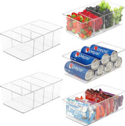 Food Storage Organiser Bins [5 Pack] - Pantry Organisation and Storage Containers for Snack, Condiments, Drinks - Clear Refrigerator Organizer Bins with 4 Compartments, Removable Dividers