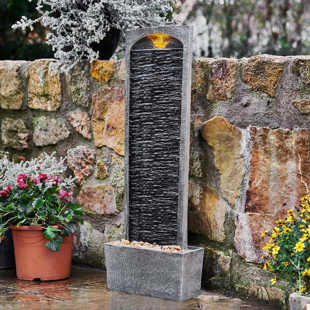 Garden Water Feature with LED Lights and Pump, Large Garden Water Fountain, Indoor and Outdoor Straight Waterfall Fountain, Slate Effect