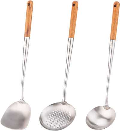 Wok Spatula and Ladle,Skimmer Ladle Tool Set, 17Inches Spatula for Wok, 304 Stainless Steel Wok Spatula.