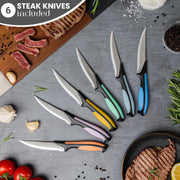 Professional Kitchen Knife Set with Block - Colourful 17 Piece Knives Set with Steak Knives - Clear Acrylic Block High Carbon Stainless Steel Blades - with Knife Sharpener Peeler and Scissors