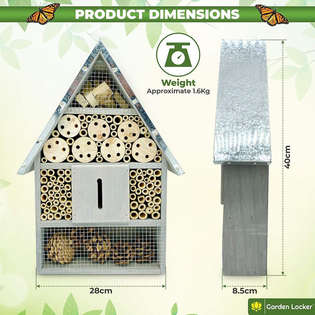Bug Hotel Bug House Insect House with Metal Roof Large 40X28X8.5Cm - a Home for All Your Garden Insects - Attracts Ladybirds, Butterflies, Wild Bees, Crickets & Many Other Species