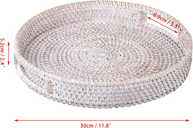 Rattan Serving Tray 30Cm Decorative Display Tray Table Storage Tray with Handle Desktop Organiser Tray for Tableware,Makeup,Vanity,Jewelry,Candle, Ornament Whitewash