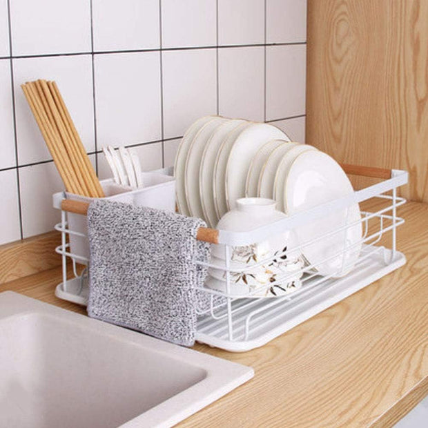 Dish Drainer Rack with Removable Drip Tray, Metal Kitchen Drying Rack Organiser with Wooden Handles, White, 43 X 30.5 X 14 Cm